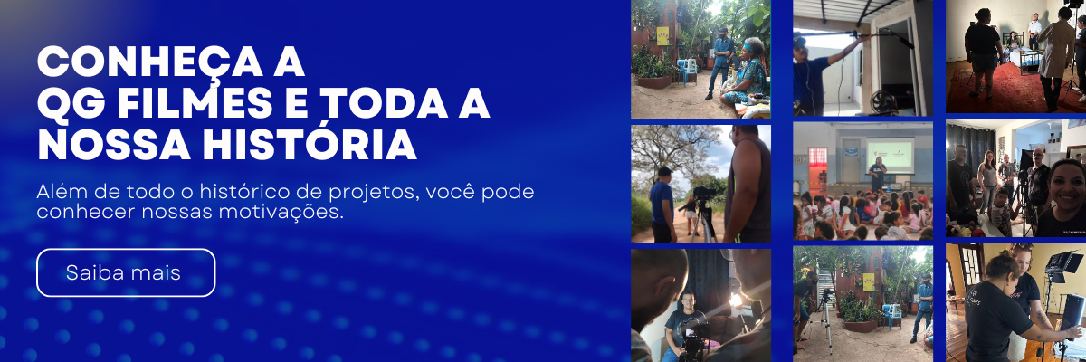 Imagem de fundo azul com texto 'Conheça a QG Filmes e toda a nossa história' e uma colagem de fotos.
