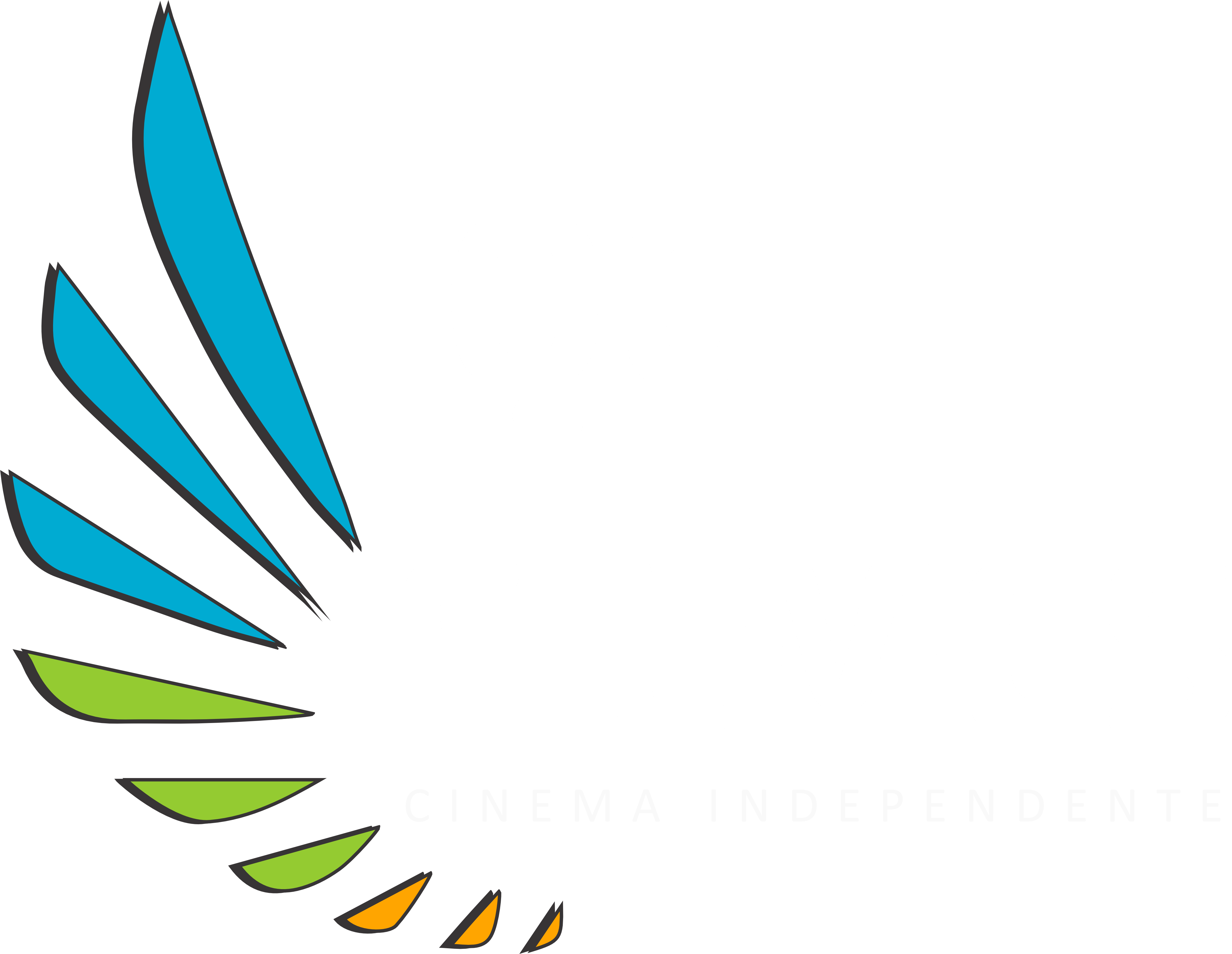 Logotipo da produtora QG Filmes com fundo transparente. O design apresenta uma asa estilizada à esquerda, composta por sete segmentos em tons de azul, verde e laranja, cada um apontando para a direita. À direita da asa, estão as letras QG em preto, com uma fonte moderna e levemente arredondada. Logo abaixo de QG, está escrito FILMES em letras maiores e em negrito, também na cor preta. Abaixo de FILMES, há o subtítulo CINEMA INDEPENDENTE em letras menores e finas. O contraste entre o fundo transparente e as cores vibrantes da asa dá ao logo um visual dinâmico e moderno, com foco na simplicidade e clareza.