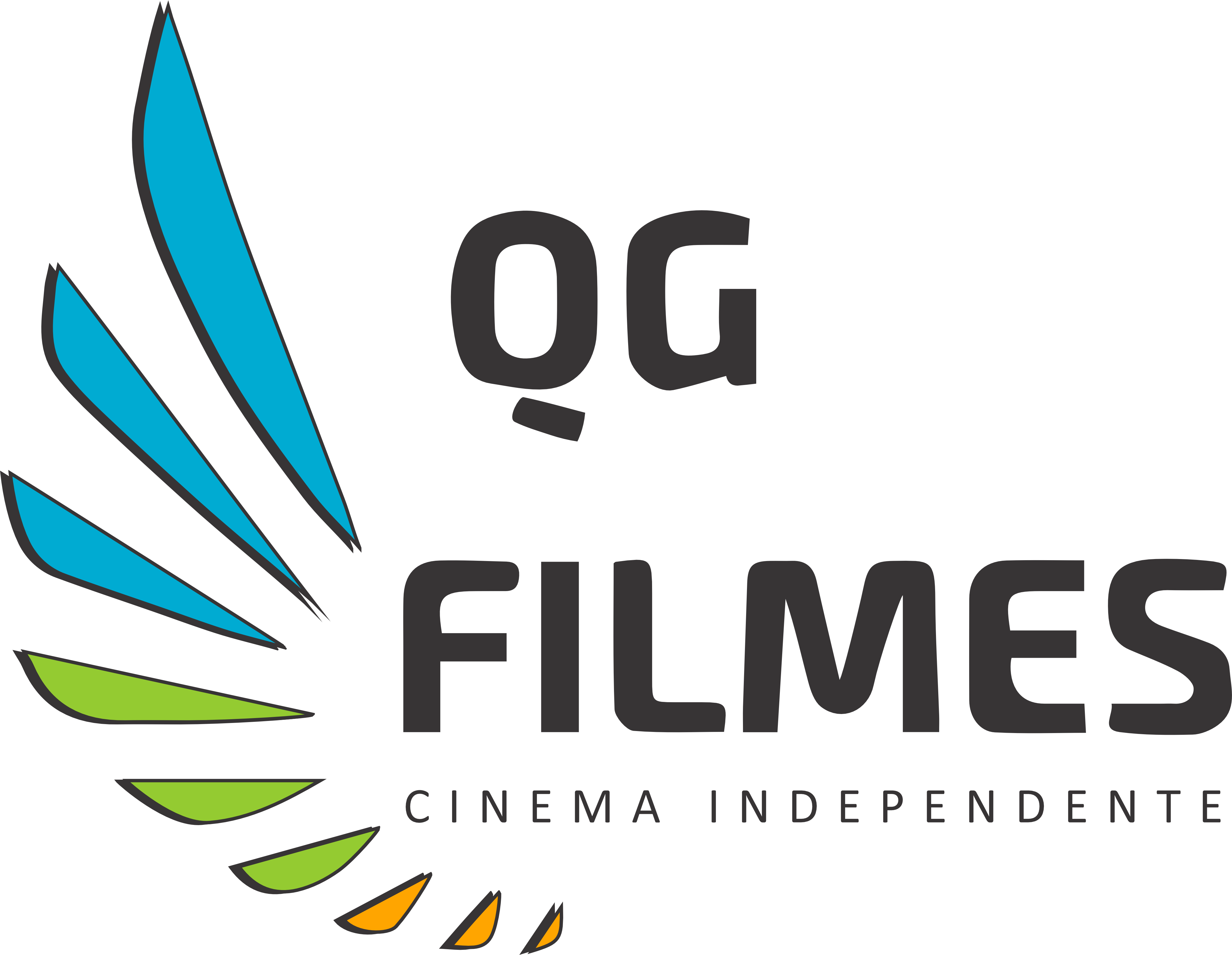 Logo da produtora independente de cinema QG Filmes. Design estilizado com asas e o texto QG Filmes.